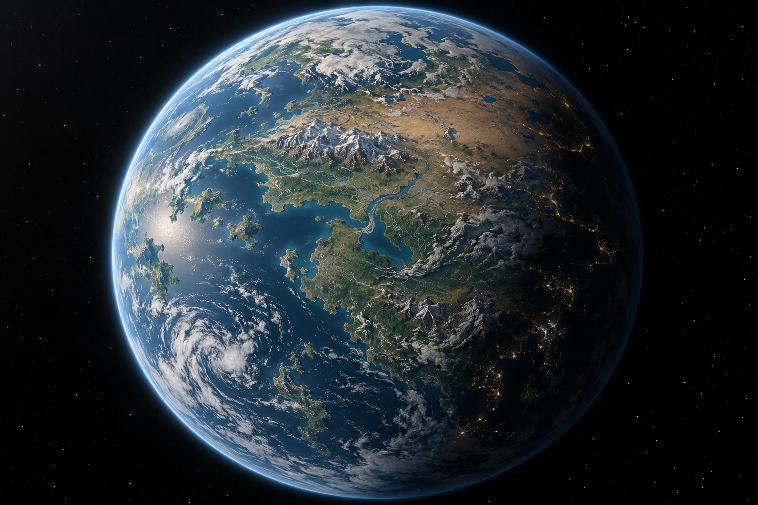 Caelune seen from an approaching spacecraft, with blue oceans, green-brown estuary coasts, mountainous uplands, dry interiors and white cloud systems; scattered amber settlements show near the night-side edge.