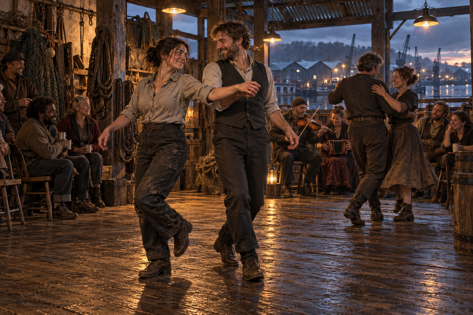 Adults in working clothes dance beneath warm lamps in a weathered net loft. Neighbours watch beside stored fishing nets, musicians play, and harbour cranes are visible outside.