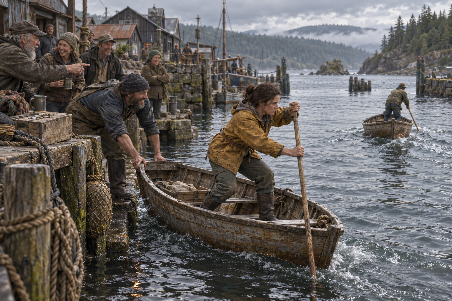 A woman balances in a small wooden skiff while a smiling helper starts it from the landing. Spectators laugh and argue beside a box with a few betting coins; another boat is already away.