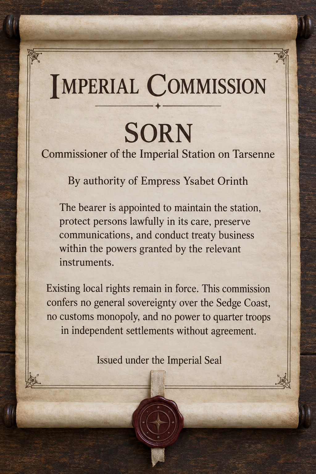 A vellum scroll appointing Sorn Commissioner of the Imperial Station on Tarsenne by authority of Empress Ysabet Orinth. It authorises station care, protection, communications and treaty business within the relevant instruments; preserves local rights; and grants no general sovereignty over the Sedge Coast, customs monopoly or compulsory quartering power.